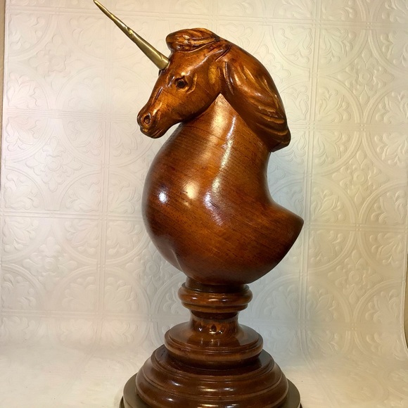 RARE Vintage Italian Wood Unicorn Brass Base Horn
